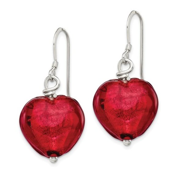 Sterling w Red Murano Glass Heart Dangle Earrings - Picture 2 of 3